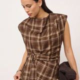 DagnyCC Check Pleat Top - Brown