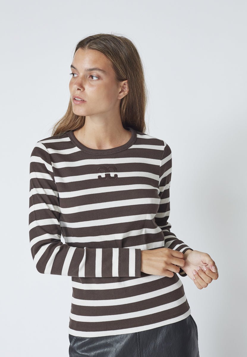 GrannyCC Rib Emb LS Blouse - OffWhite/DarkBrown - Co'couture
