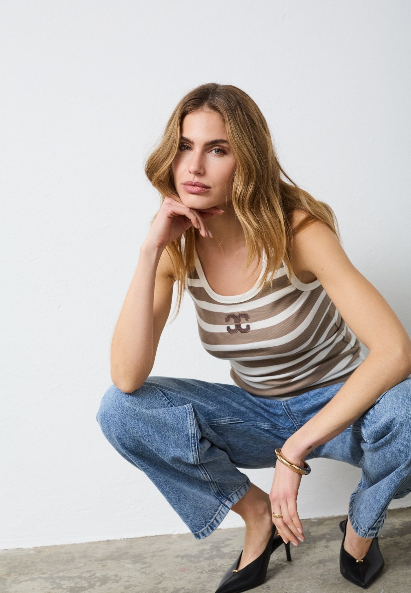 GrannyCC Rib Emb. Tank Top - OffWhite/Walnut - Co'couture